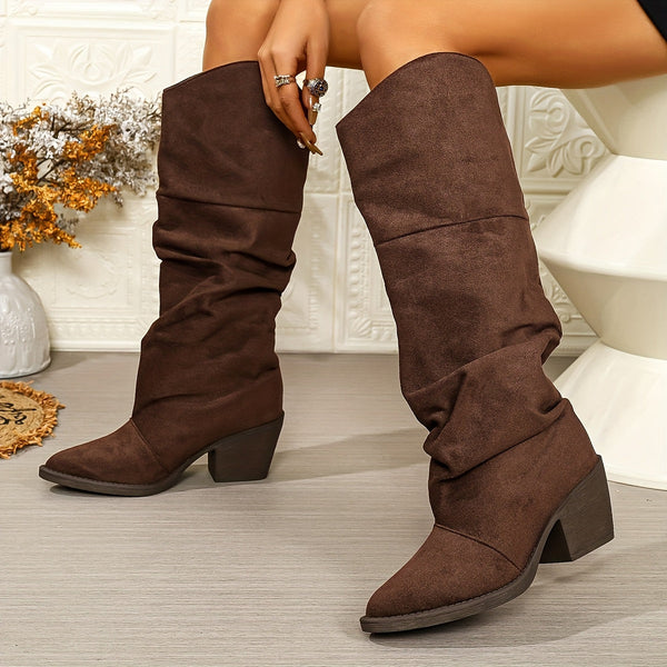 Bottes hautes femme marron foncé aspect daim, tige tombante et bout pointu