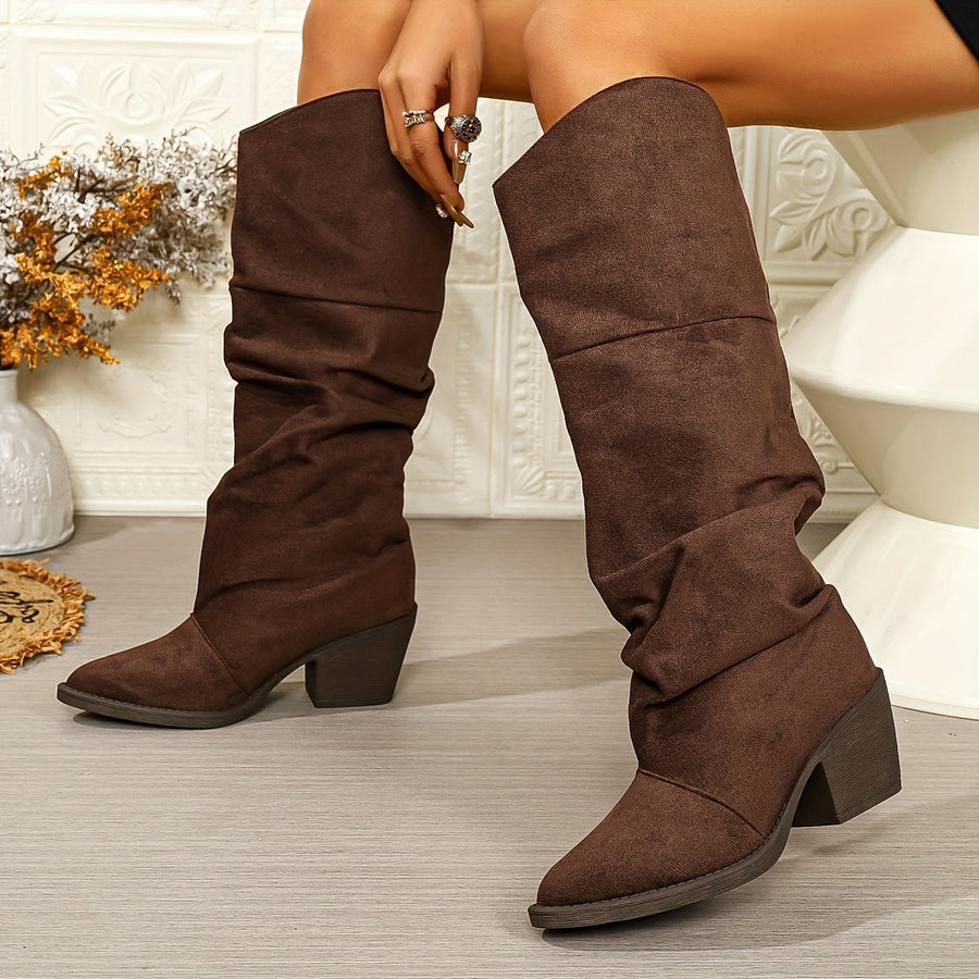 Bottes hautes femme marron foncé aspect daim, tige tombante et bout pointu