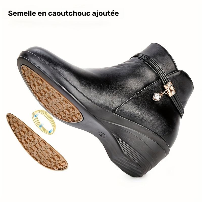 Bottines compensées femme en similicuir, nœud orné de strass, fermeture éclair