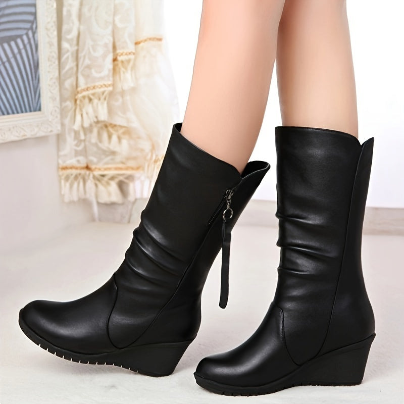 Bottes Compensées Femme Mi-Mollet, Similicuir Noir Froncé, vue 2