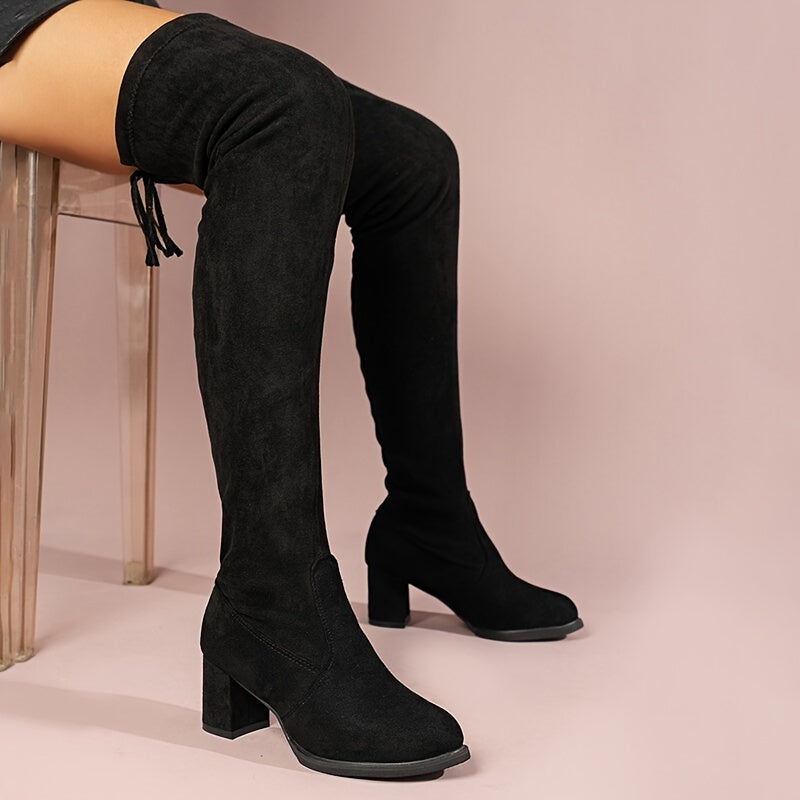 Bottes Cuissardes Femme Aspect Daim, Talon Bloc, Cordon, vue 2