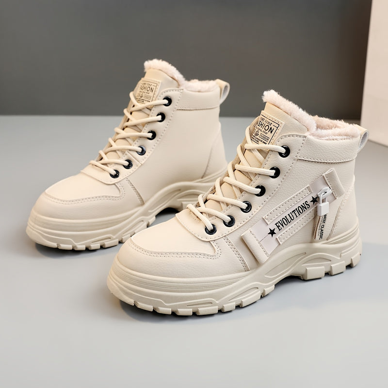 Bottes Plateforme Femme à Lacets, Col Fourrure – coloris beige