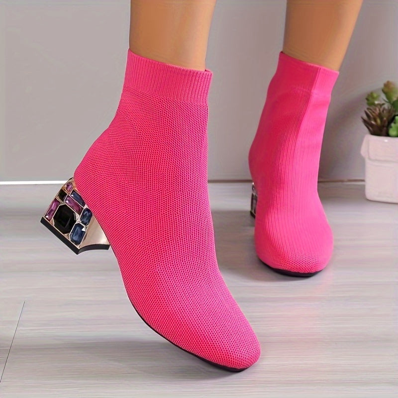 Bottes Chaussettes Femme en Maille, Talon Bloc Fantaisie – coloris rose rouge