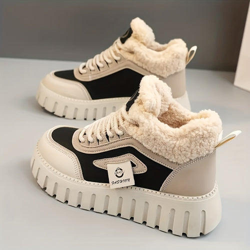 Bottines Chaudes Femme Style Basket Similicuir, Col Peluche – coloris beige et noir