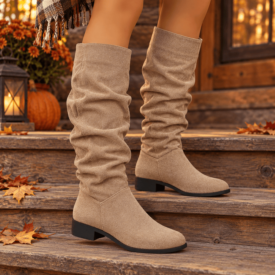 Bottes Hautes Femme Aspect Daim, Tige Froncée, Talon Bas – coloris beige