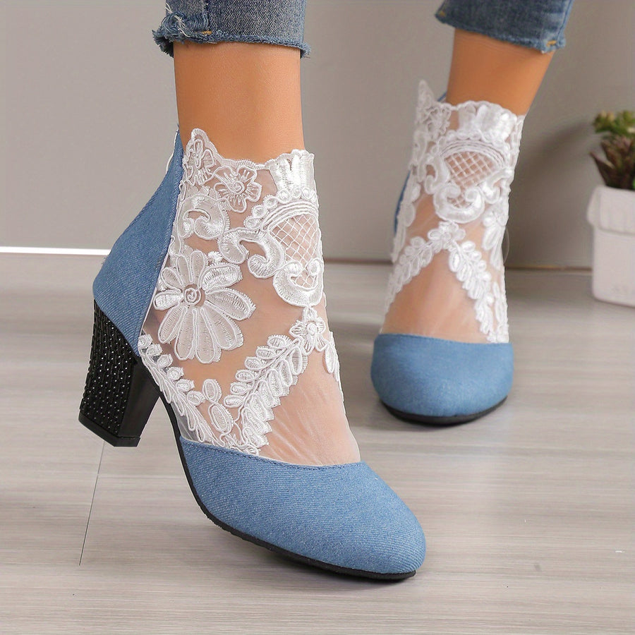Bottines Femme Dentelle Florale sur Résille – coloris blanc