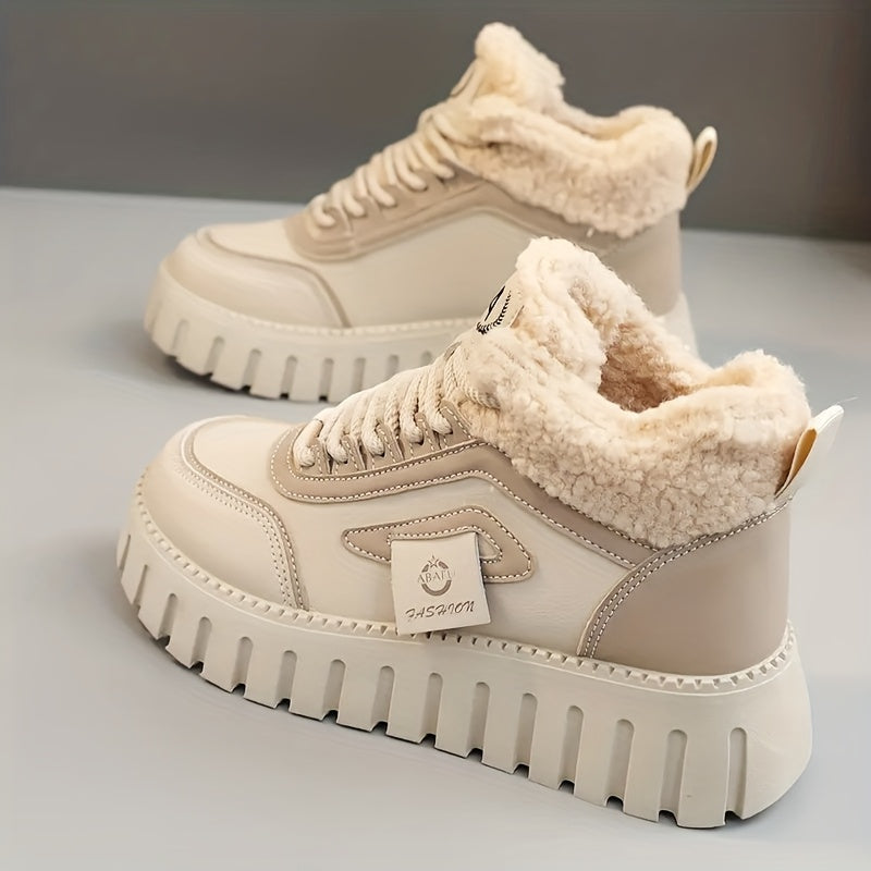 Bottines Chaudes Femme Style Basket Similicuir, Col Peluche – coloris beige