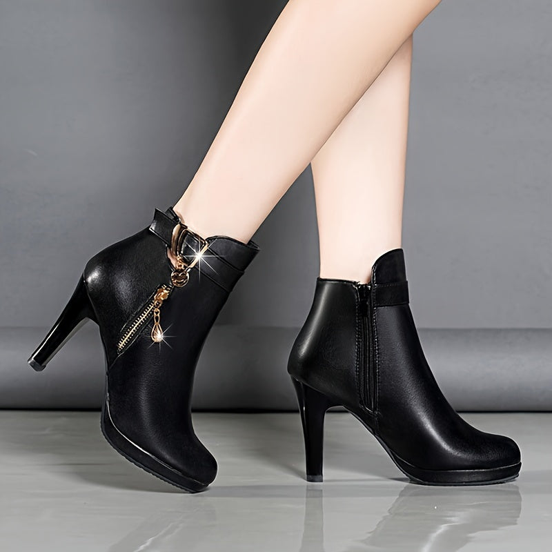 Bottines Talon Haut Femme Similicuir Noir, Boucle Dorée, Zip