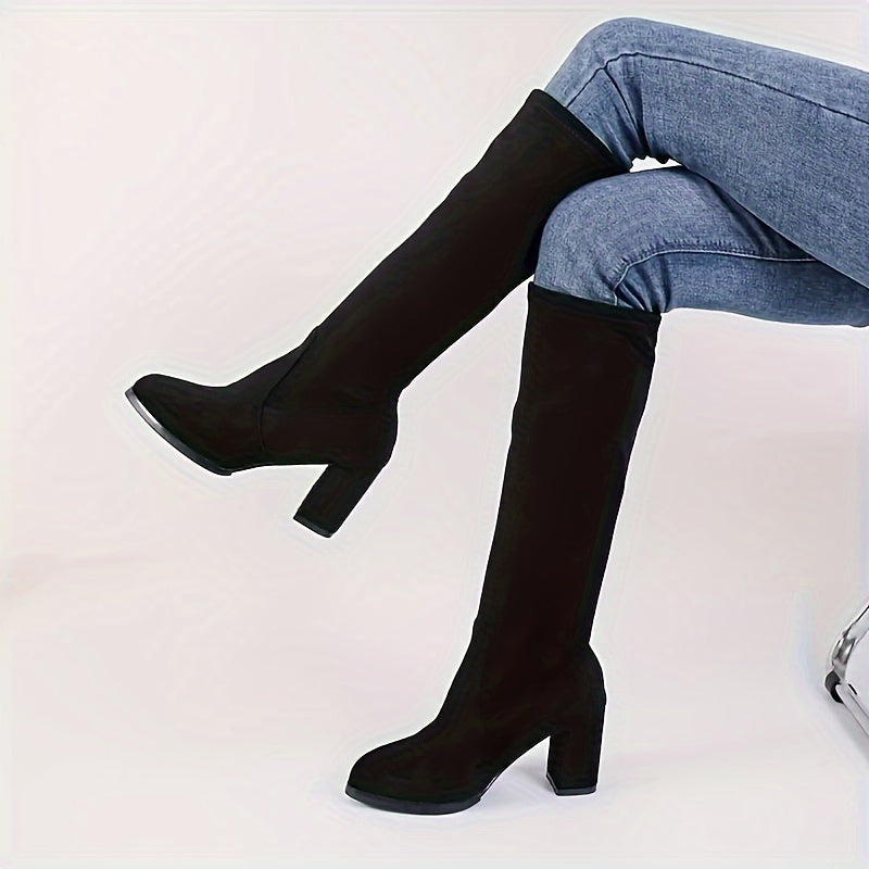 Bottes Hautes Femme Extensibles Aspect Daim, Talon Bloc, vue 3