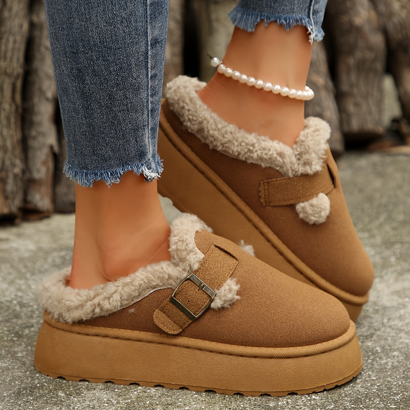Chausson Botte Femme Aspect Daim, Col Peluche, Boucle, vue 2