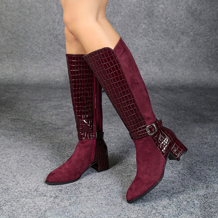 Bottes Hautes Femme Aspect Daim, Empiècement Effet Croco