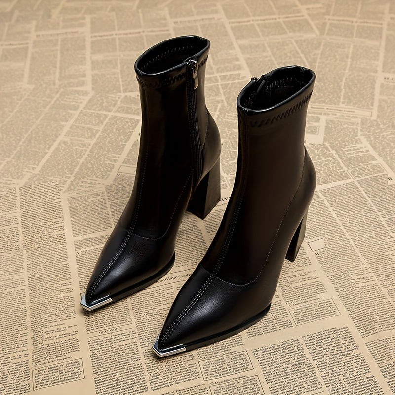 Bottines Femme Similicuir, Talon Haut, Bout Pointu Métal