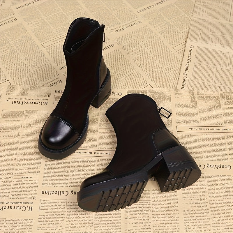 Bottines Femme Bi-Matière Aspect Daim, Zip Arrière – coloris noir