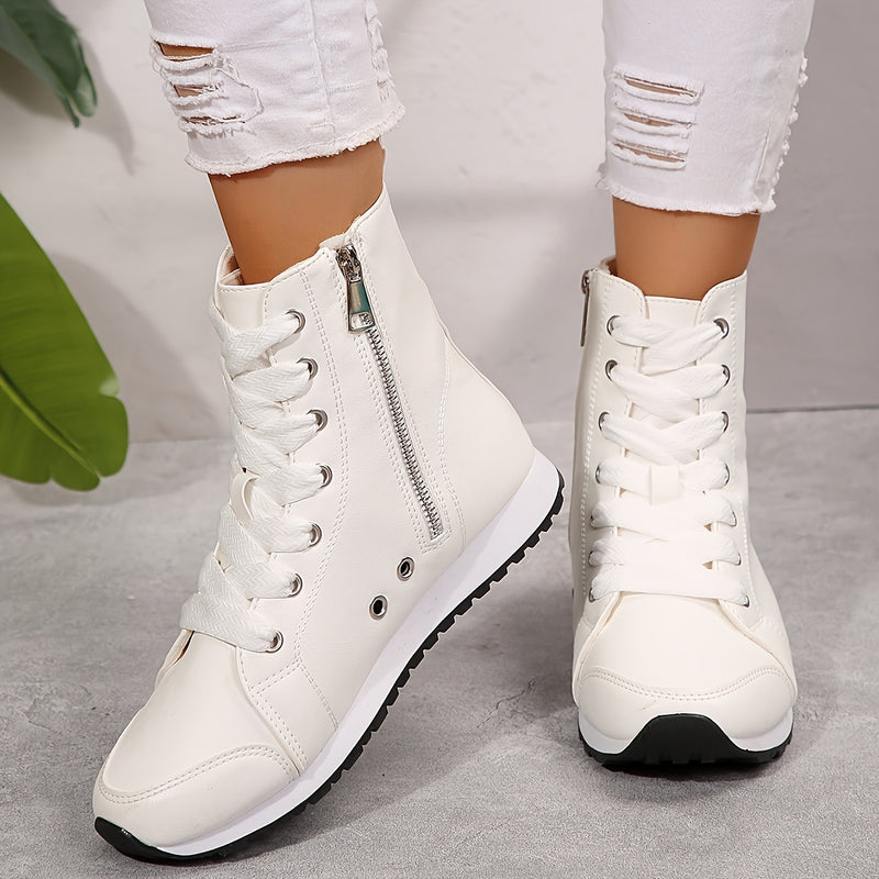 Bottines Sport Femme Similicuir, Lacets et Zip – coloris blanc