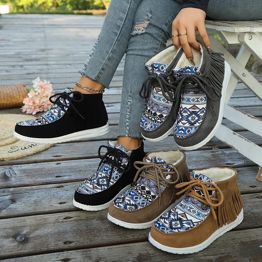 Bottines Mocassin Femme, Franges et Imprimé Aztèque