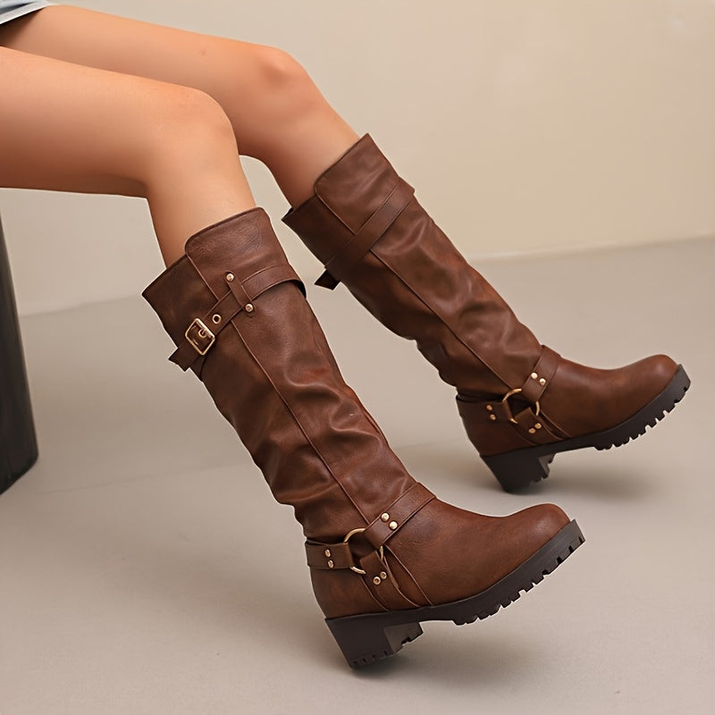 Bottes Motardes Femme Hautes, Similicuir Vieilli, Anneau – coloris marron
