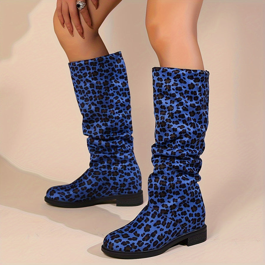 Bottes Hautes Femme Imprimé Léopard, Talon Bas – coloris léopard bleu