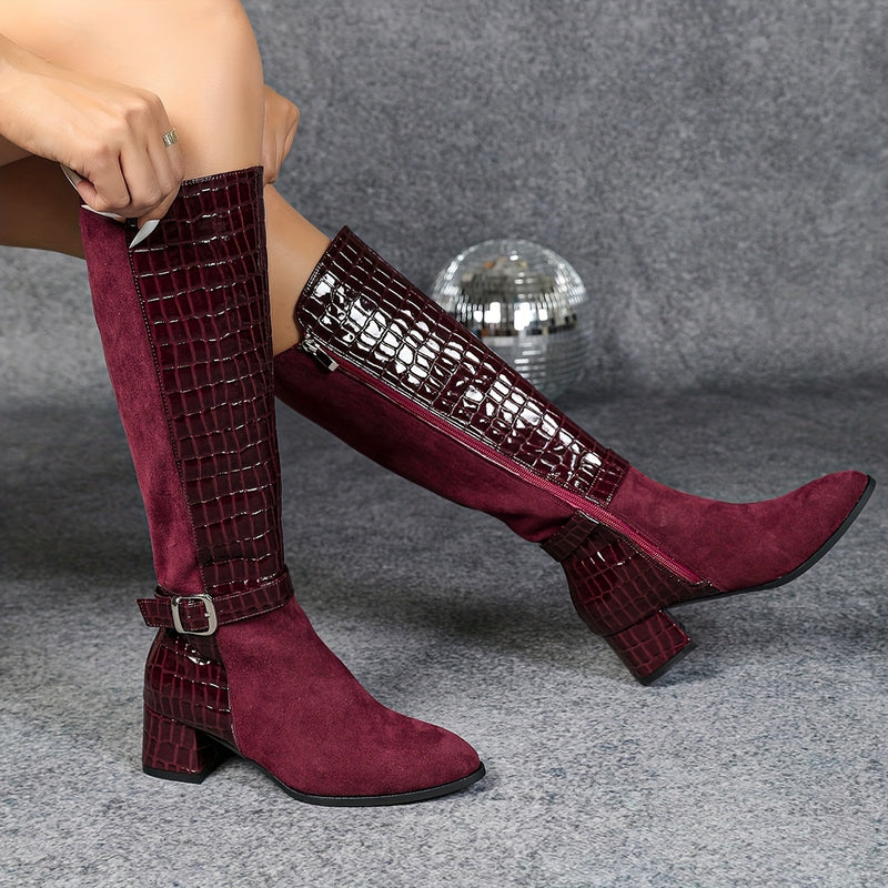 Bottes Hautes Femme Aspect Daim, Empiècement Effet Croco – coloris bordeaux