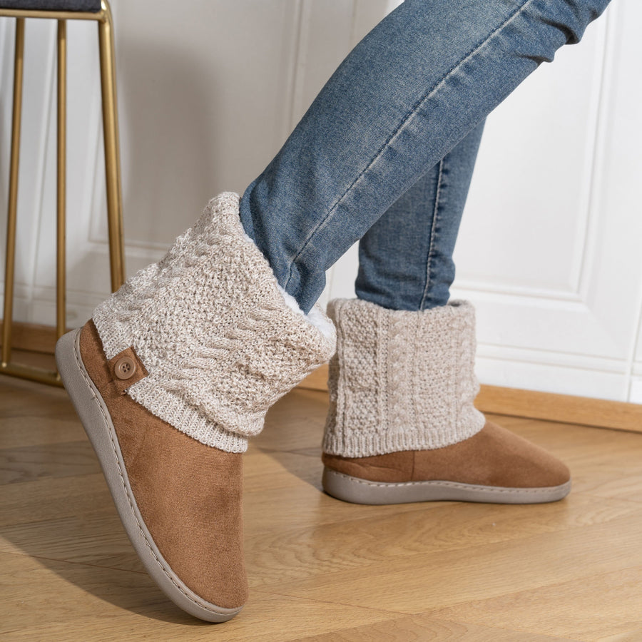 Chausson Botte Femme Maille Torsadée, Doublure Peluche – coloris camel