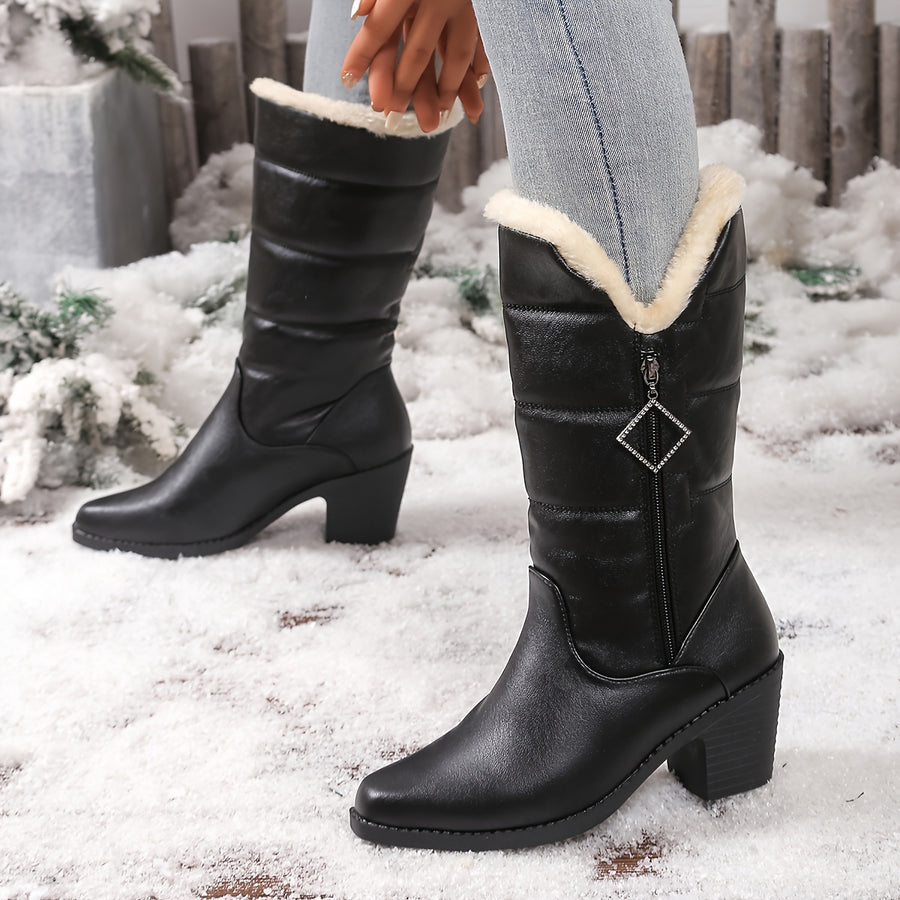 Bottes Mi-Hautes Femme Similicuir, Col Fourrure, Talon Bloc – coloris noir