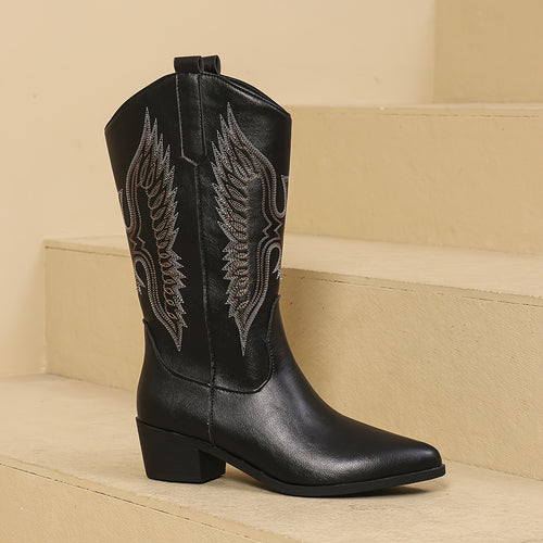 Bottes Santiag Femme Similicuir, Broderie Ailes, Mi-Mollet