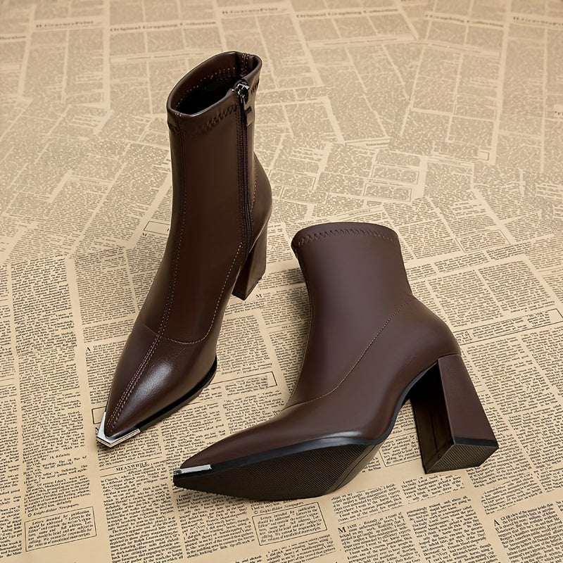 Bottines Femme Similicuir, Talon Haut, Bout Pointu Métal – coloris marron foncé