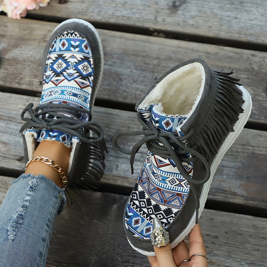 Bottines Mocassin Femme, Franges et Imprimé Aztèque – coloris gris foncé