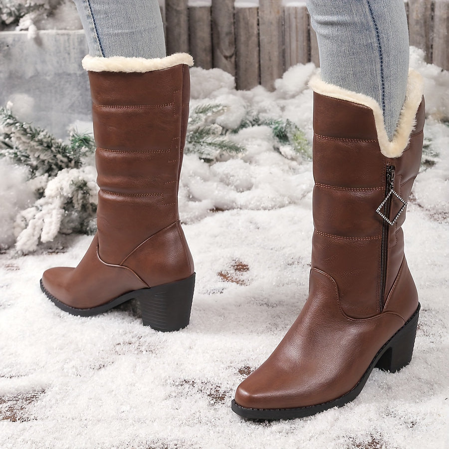 Bottes Mi-Hautes Femme Similicuir, Col Fourrure, Talon Bloc – coloris marron foncé