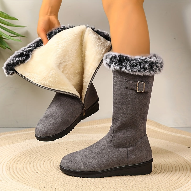 Bottes Femme Longues, Fausse Fourrure, Bride – coloris gris