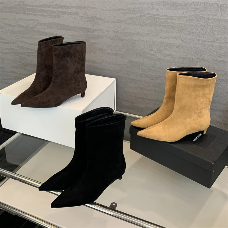 Bottines Femme Bout Pointu, Aspect Daim, Petit Talon Fin