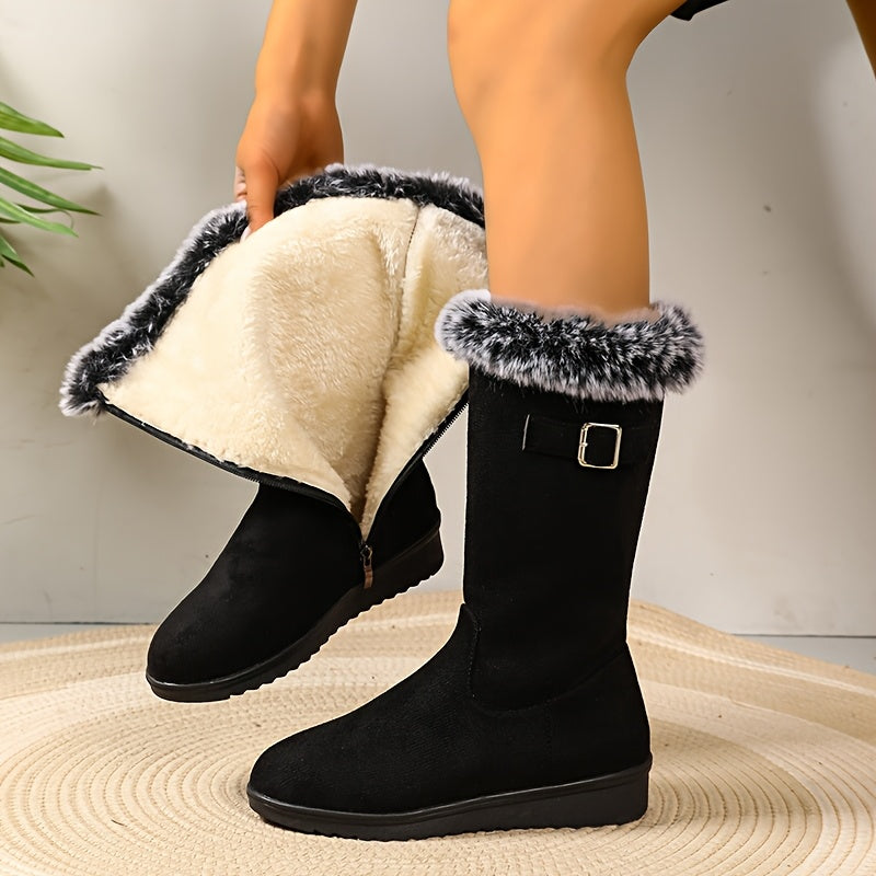 Bottes Femme Longues, Fausse Fourrure, Bride – coloris noir
