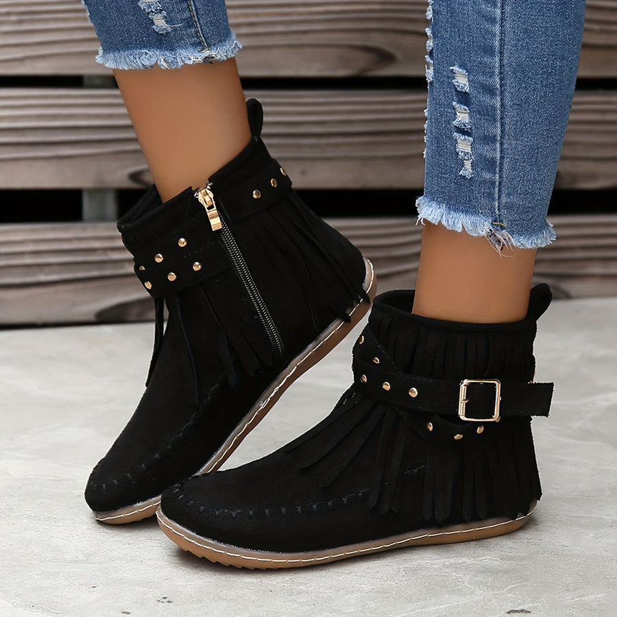 Bottines Femme à Franges Cloutées, Zip – coloris noir