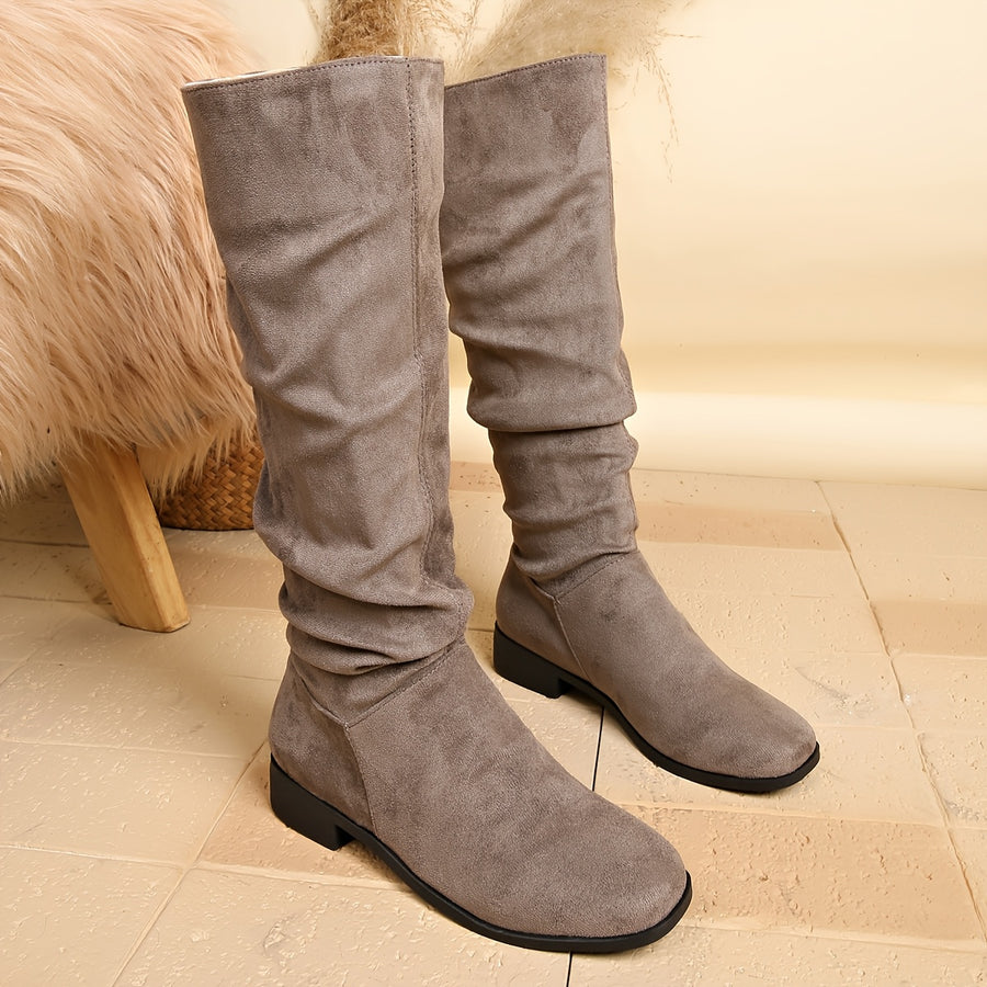 Bottes Plates Femme Hautes, Aspect Daim, Tige Froncée – coloris gris