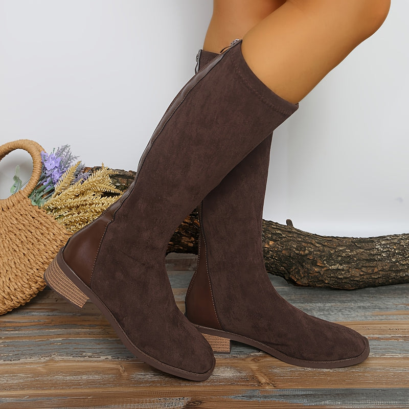 Bottes Hautes Femme Aspect Daim, Bout Carré, Zip Arrière – coloris marron foncé