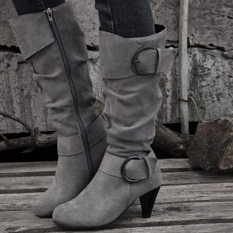 Bottes Femme Hautes, Brides à Boucle, Aspect Suédé – coloris gris
