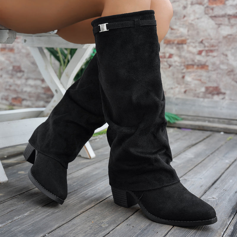 Bottes Hautes Femme à Revers, Aspect Daim, Bout Pointu – coloris noir