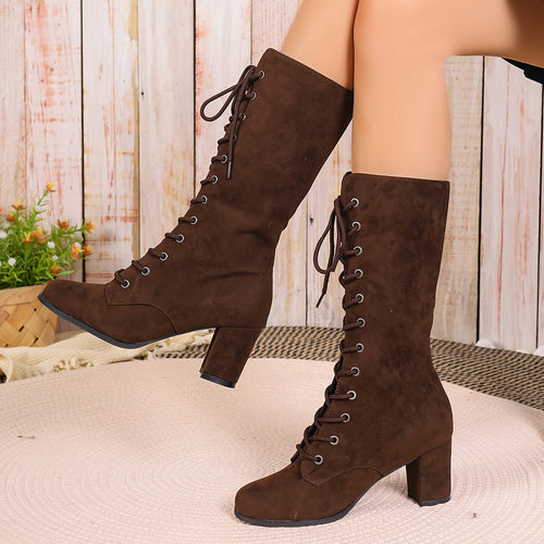 Bottes à Lacets Femme Mi-Mollet, Talon Bloc Haut