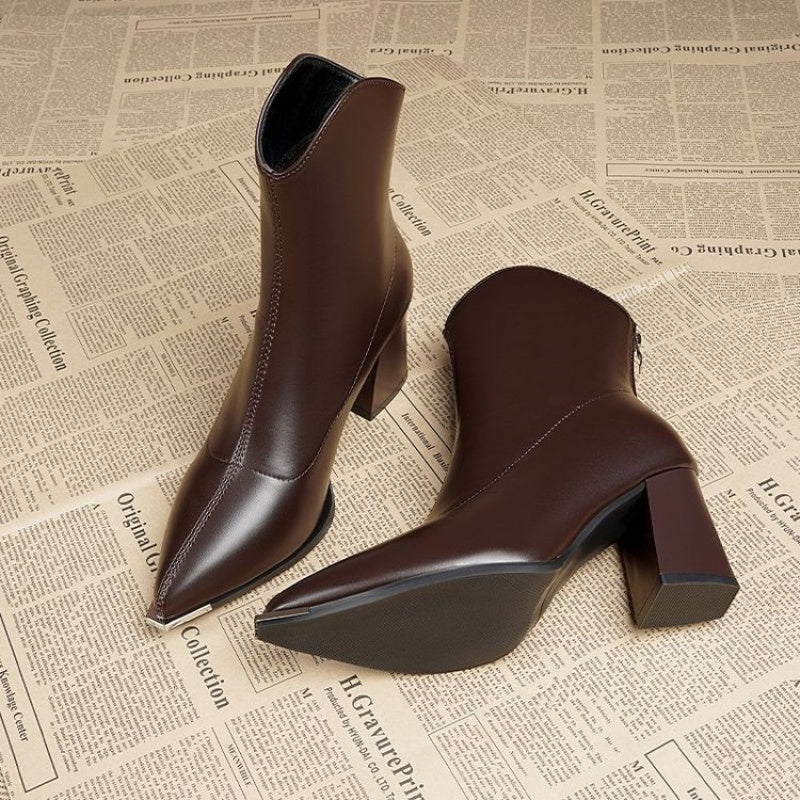 Bottines Femme Bout Pointu Métal, Talon Bloc, Doublure au Choix – coloris marron, doublure simple