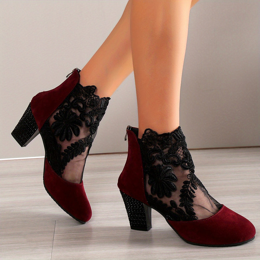 Bottines Femme Dentelle Florale sur Résille – coloris rouge