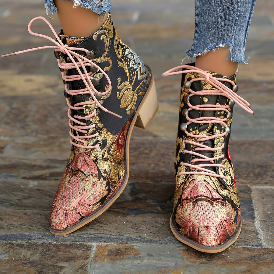 Bottes Brodées Fleurs, Talon Bloc, vue 2