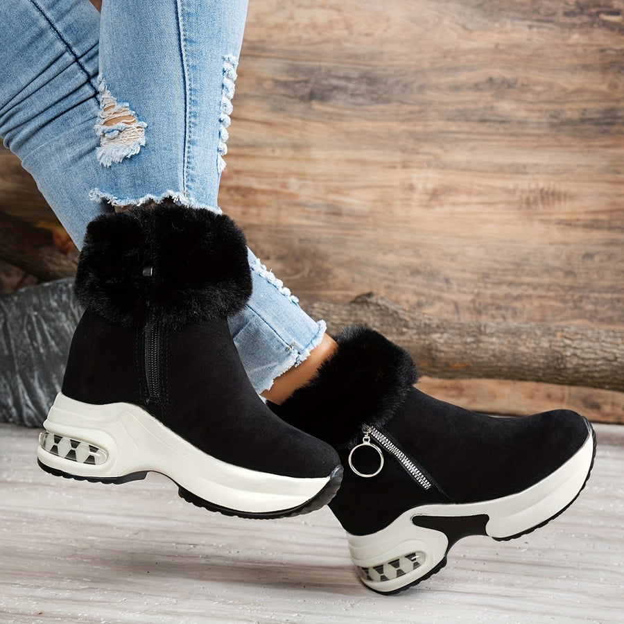 Bottines Plateforme Effet Daim, Col Fausse Fourrure