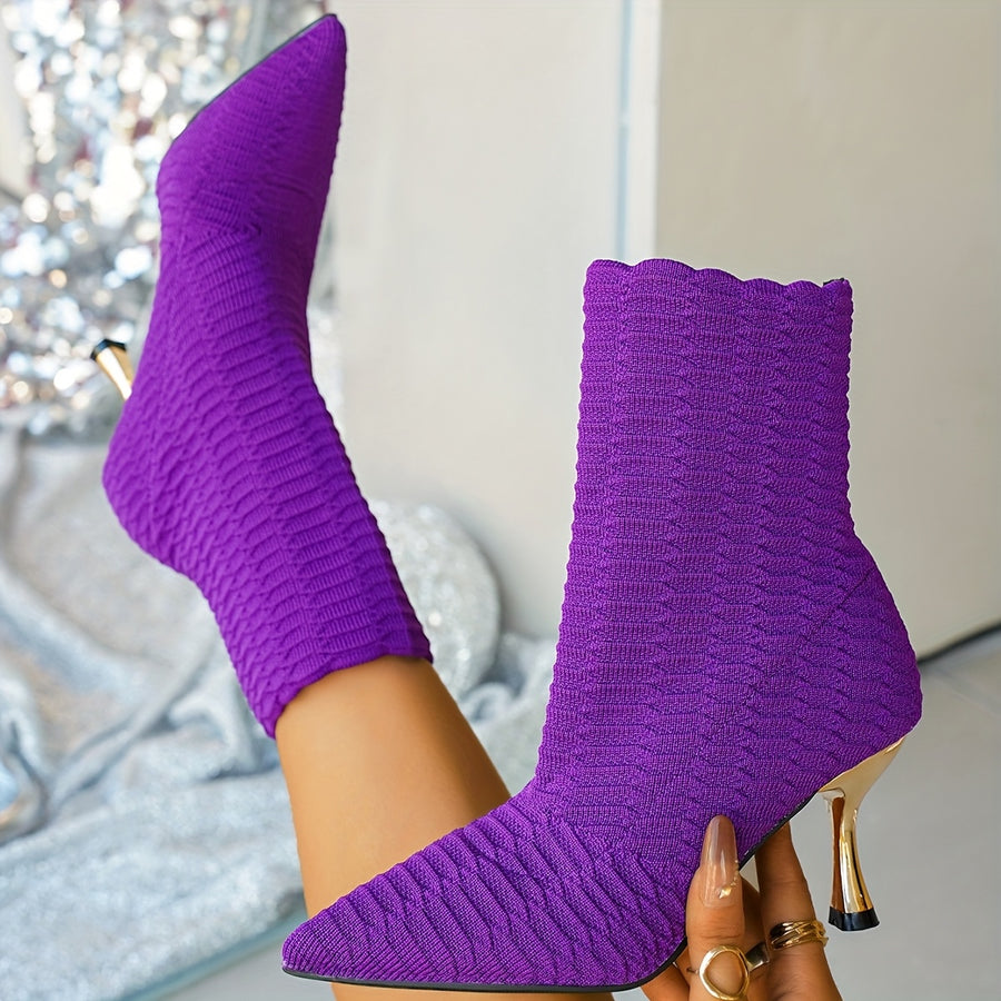 Bottes Chaussettes Femme Maille Texturée, Talon Doré – coloris violet
