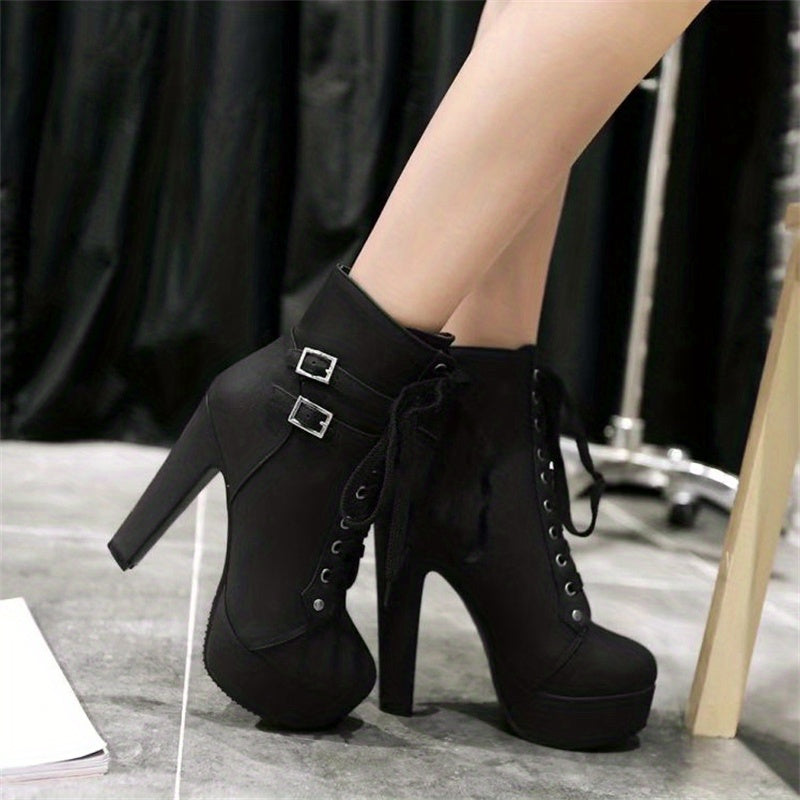 Bottines Plateforme Femme Similicuir, Lacets et Boucles – coloris noir