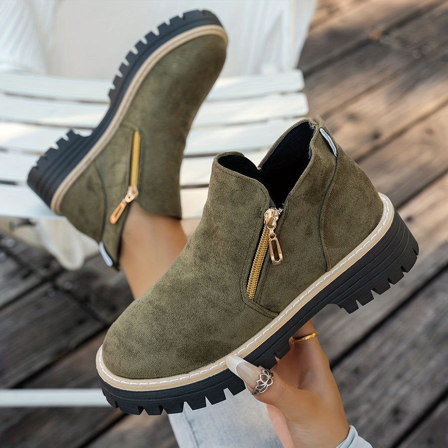 Bottines Femme Aspect Daim, Double Zip, Semelle Crantée – coloris kaki