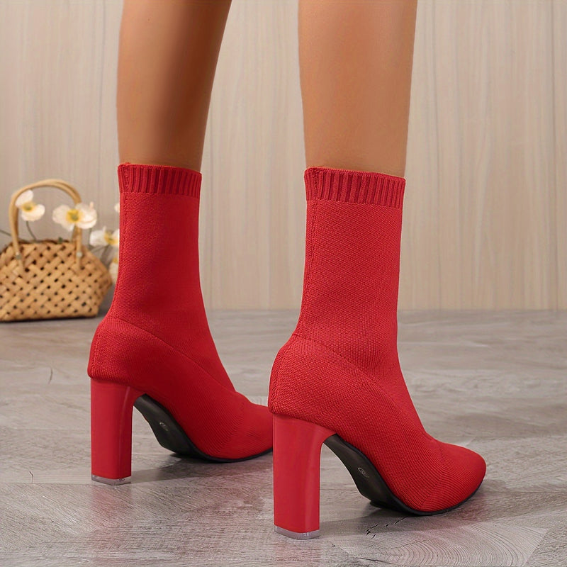 Bottes Chaussettes Femme Maille, Talon Haut, Rouge ou Noir