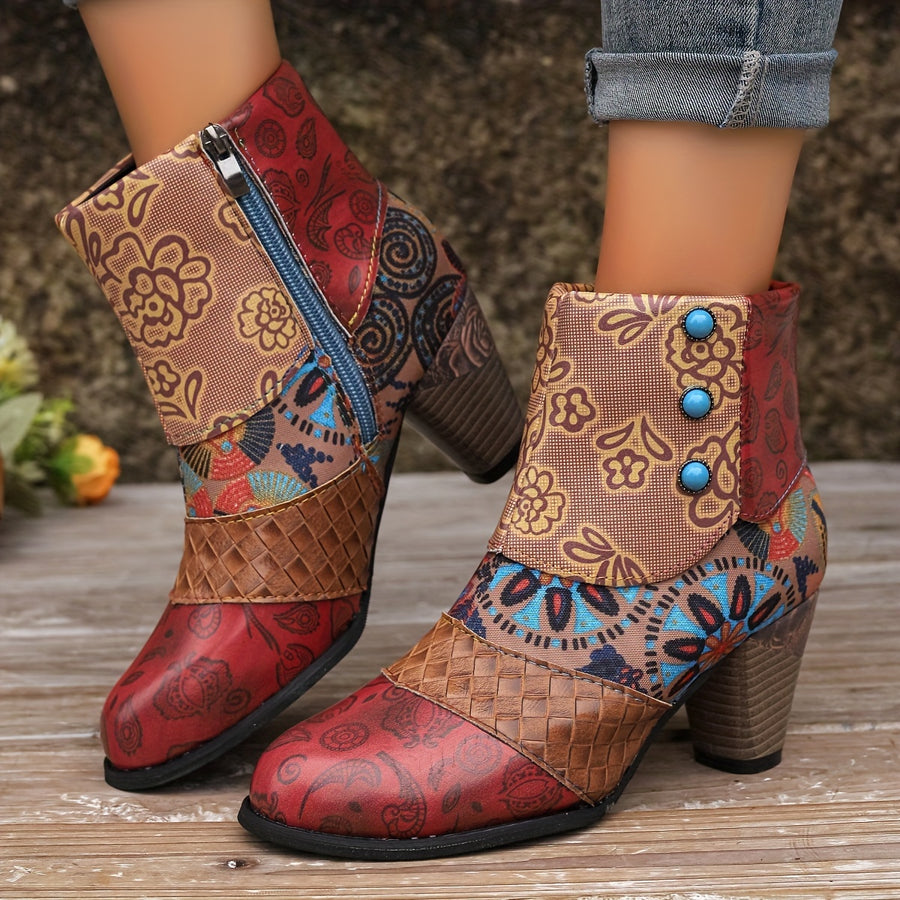 Bottines Femme Similicuir, Motif Fleuri – coloris rouge