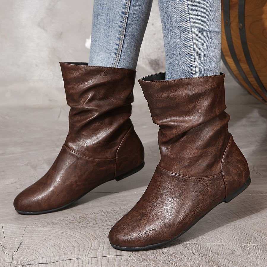 Bottes Plates Femme Similicuir, Tige Froncée – coloris café