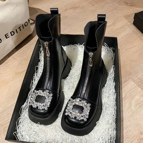 Bottines Plateforme Femme Similicuir, Boucle Strass – coloris noir