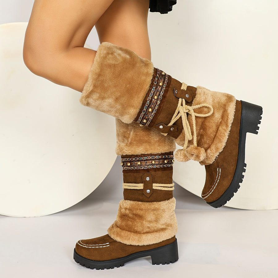 Bottes Hautes Femme en Tissu Effet Daim – coloris jaune marron, vue 2