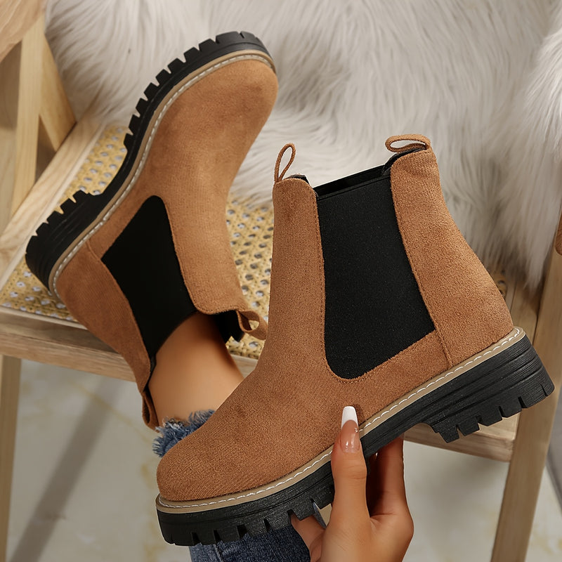 Bottines Chelsea Femme Semelle Crantée, Aspect Daim – coloris camel